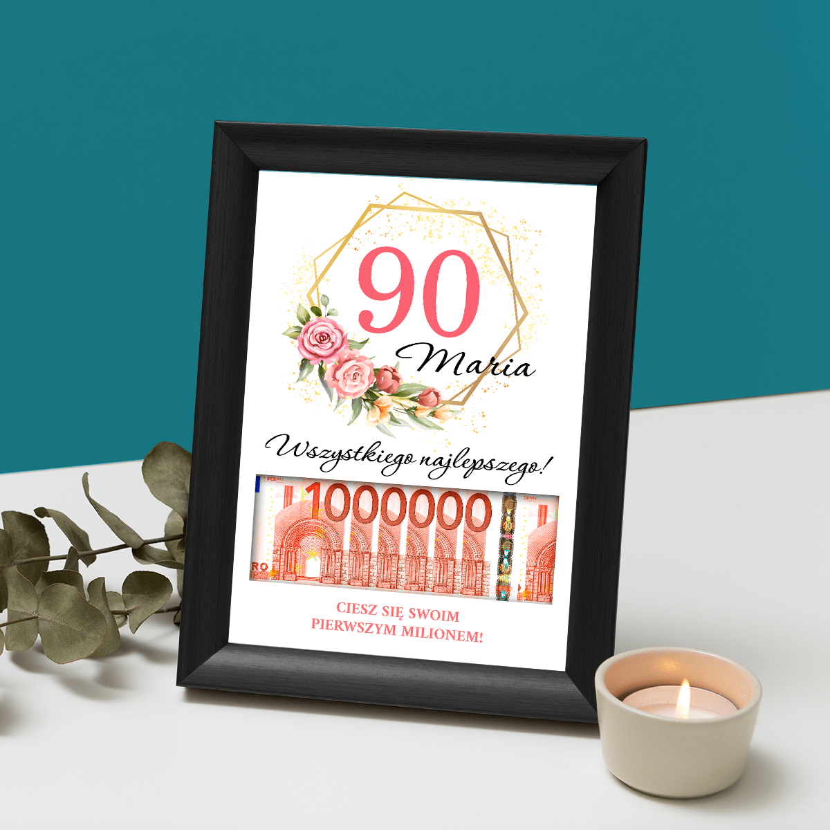 90. urodziny - Ramka na pieniądze, spersonalizowany prezent dla kobiety - Adamell.pl