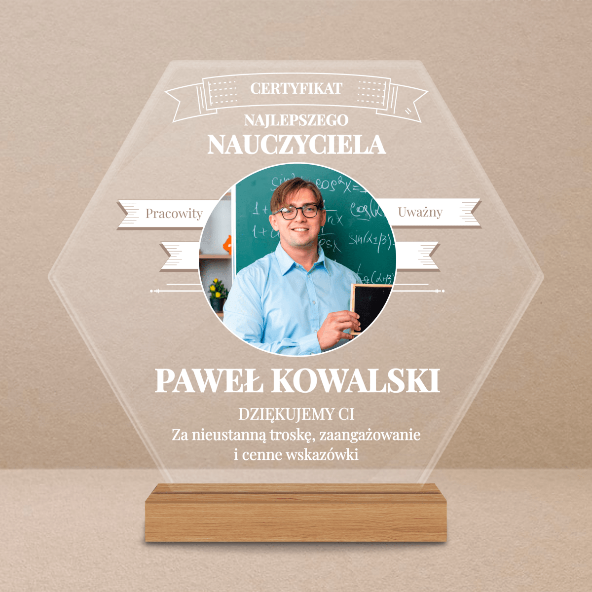 Certyfikat najlepszego nauczyciela - Druk na szkle, spersonalizowany prezent dla nauczyciela - Adamell.pl