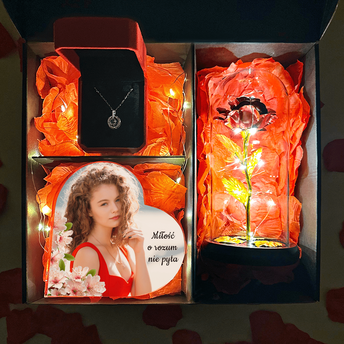 Czerwona wieczna róża + serce DLA DZIEWCZYNY + wisiorek box 3 w 1 - zestaw prezentowy, spersonalizowany prezent dla niej - Adamell.pl