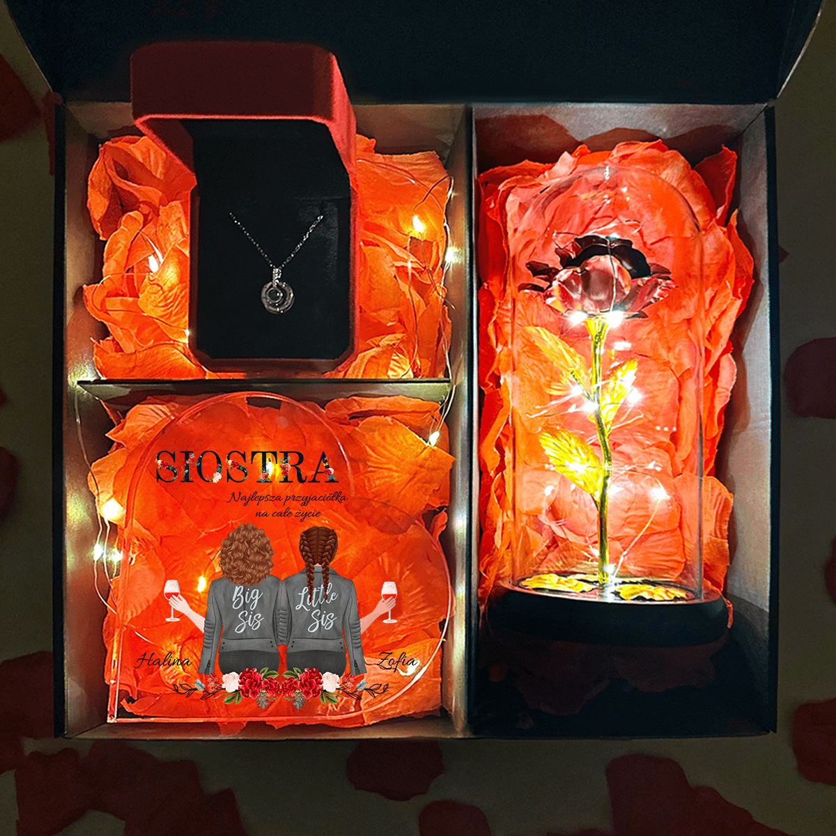 Czerwona wieczna róża + serce DLA MOJEJ SIOSTRY + wisiorek box 3 w 1 - zestaw prezentowy, spersonalizowany prezent dla siostry - Adamell.pl