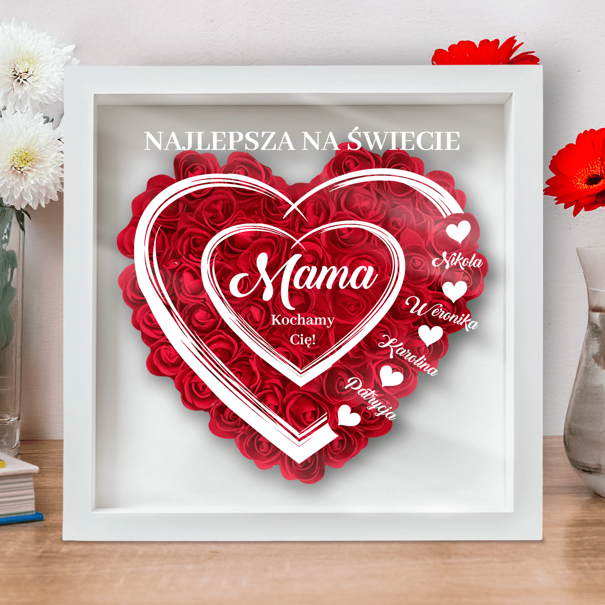 Dla najlepszej mamy na świecie - Druk na szkle w ramce + serce z róż, spersonalizowany prezent dla mamy - Adamell.pl