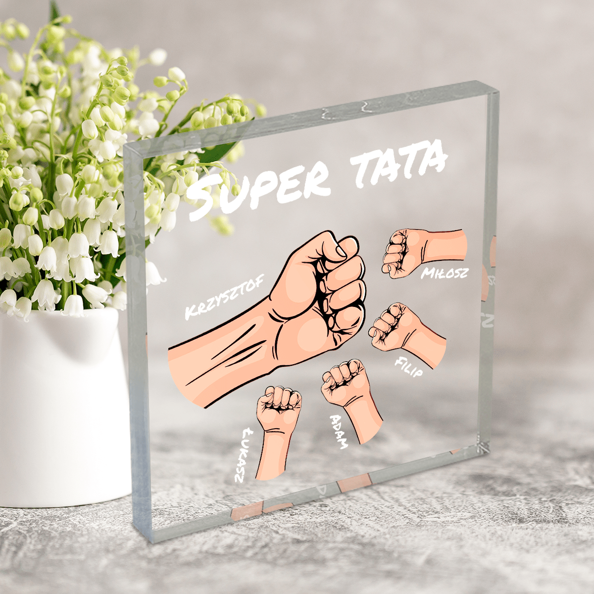 Dłonie + napis SUPER TATA - Druk na kwadratowym szkle, spersonalizowany prezent dla taty - Adamell.pl