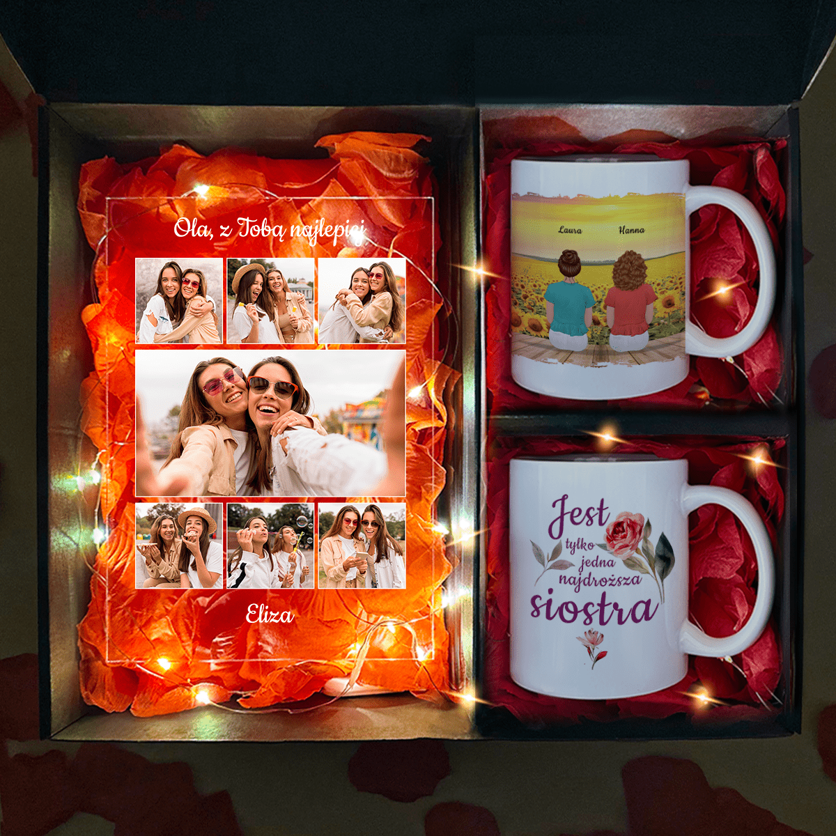 Druk na szkle + 2 kubki Z SIOSTRĄ NAJLEPIEJ - zestaw prezentowy 2 w 1, spersonalizowany prezent dla siostry - Adamell.pl