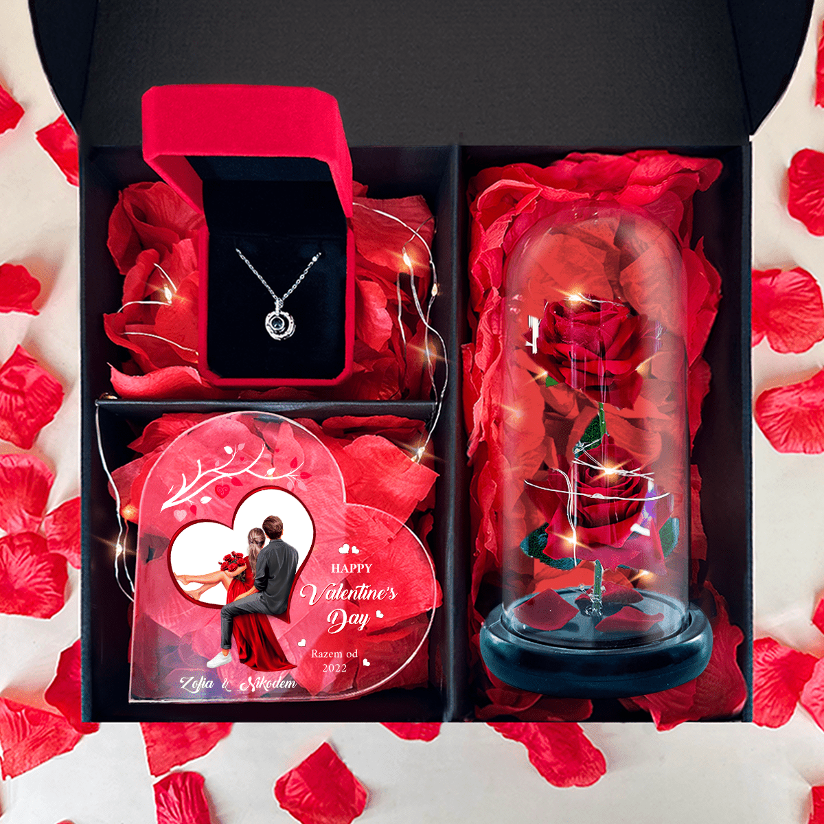 Druk na szkle HAPPY VALENTINE'S DAY + wieczna róża + wisiorek - zestaw prezentowy 3 w 1, spersonalizowany prezent dla niej - Adamell.pl