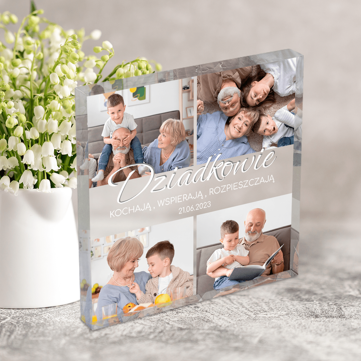 Dziadkowie kolaż - Druk na kwadratowym szkle, spersonalizowany prezent dla dziadków - Adamell.pl