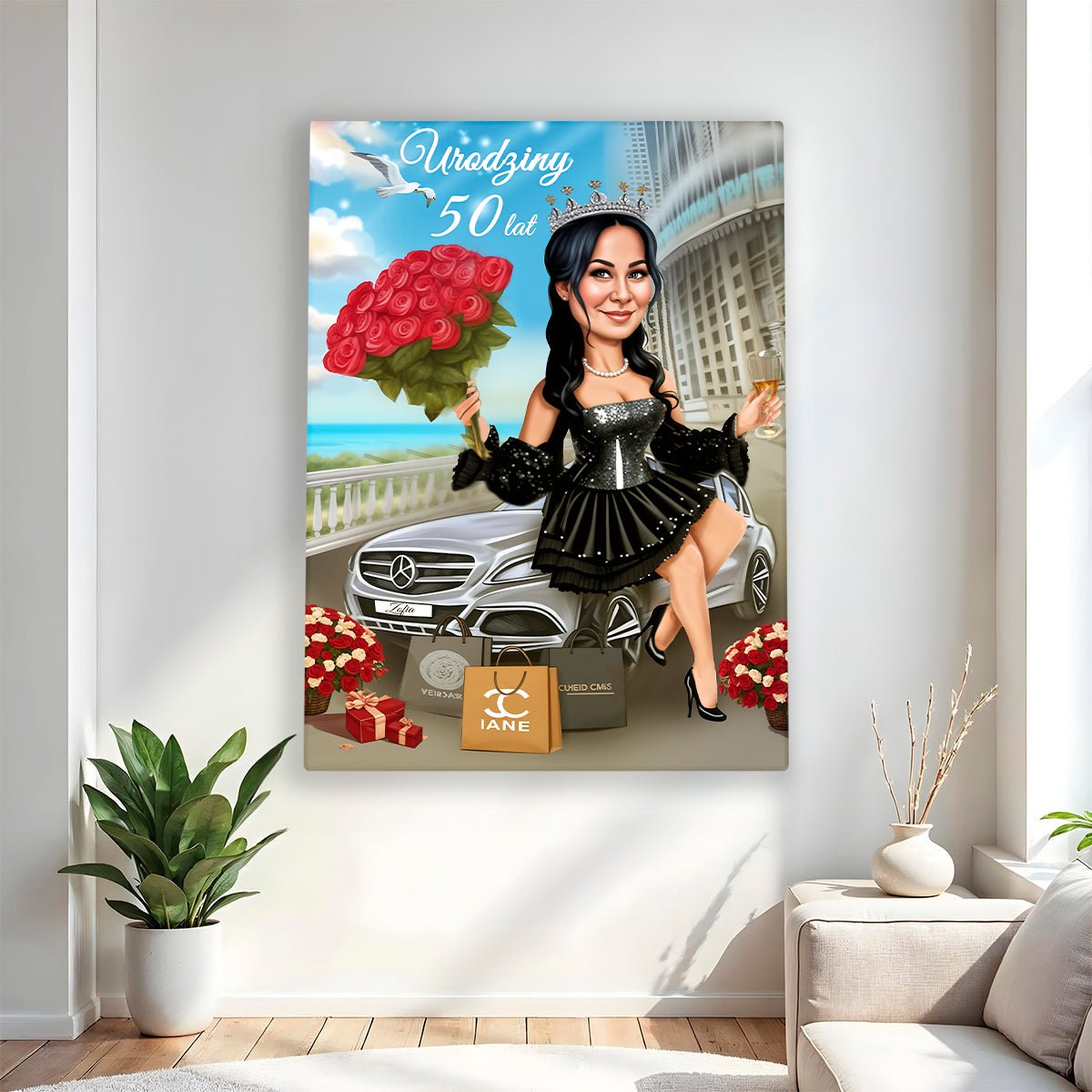 Ilustracja na 50 urodziny - druk na płótnie, spersonalizowany prezent dla babci - Adamell.pl
