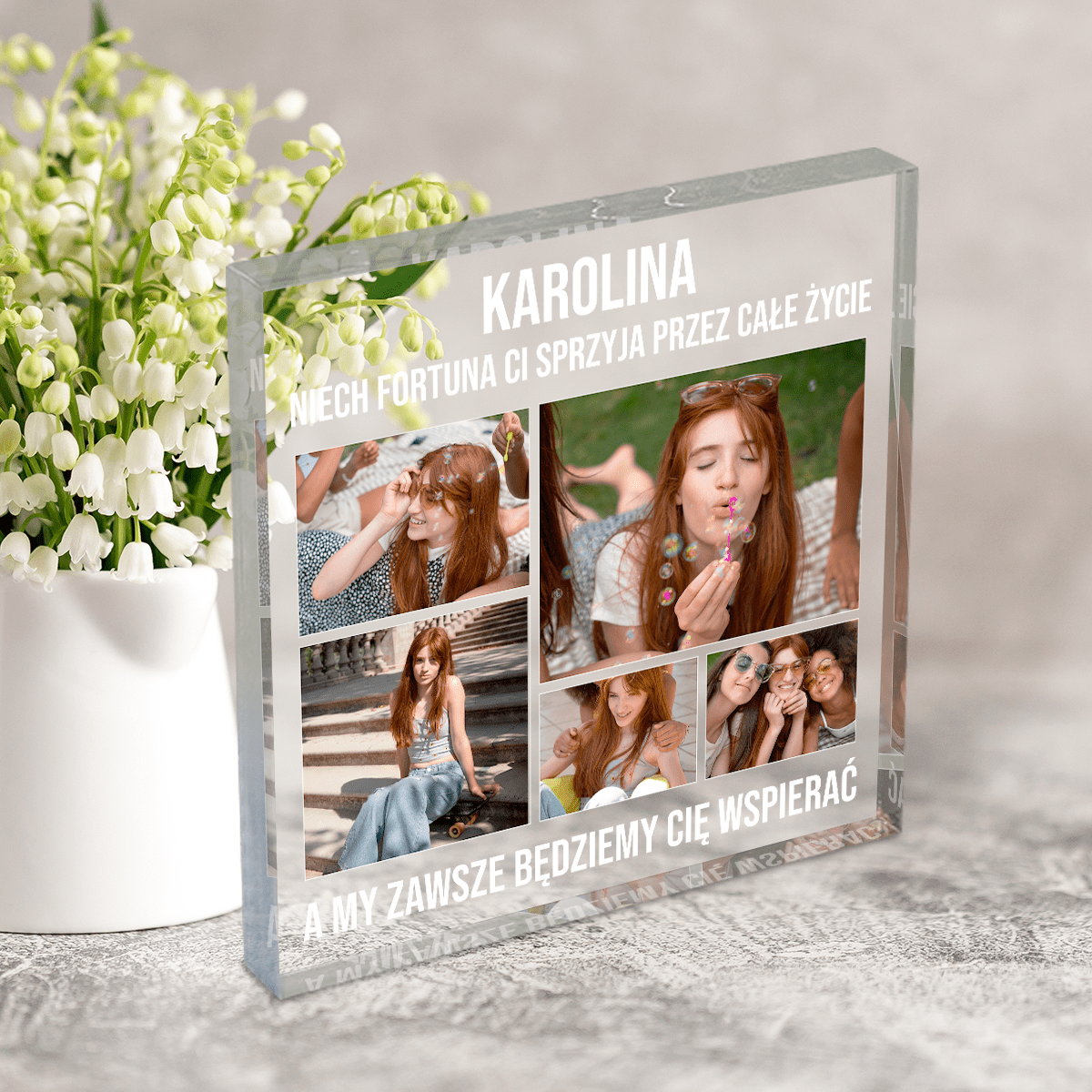 Kolaż 5 zdjęć + życzenia - Druk na kwadratowym szkle, spersonalizowany prezent dla nastolatki - Adamell.pl