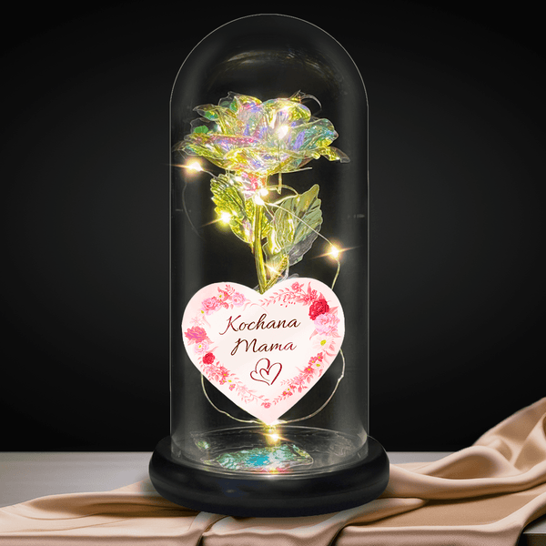 Kryształowa róża wieczna LED w szkle + spersonalizowane serce KOCHANEJ MAMIE - Adamell.pl