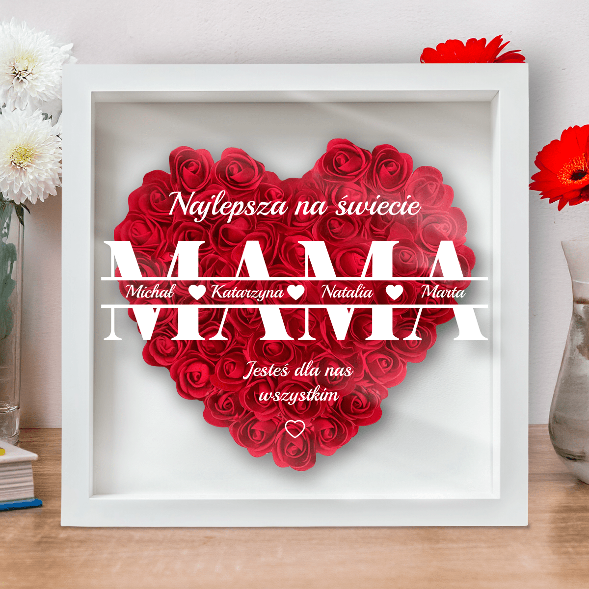 Mama najlepsza na świecie - Druk na szkle w ramce + serce z róż, spersonalizowany prezent dla mamy - Adamell.pl