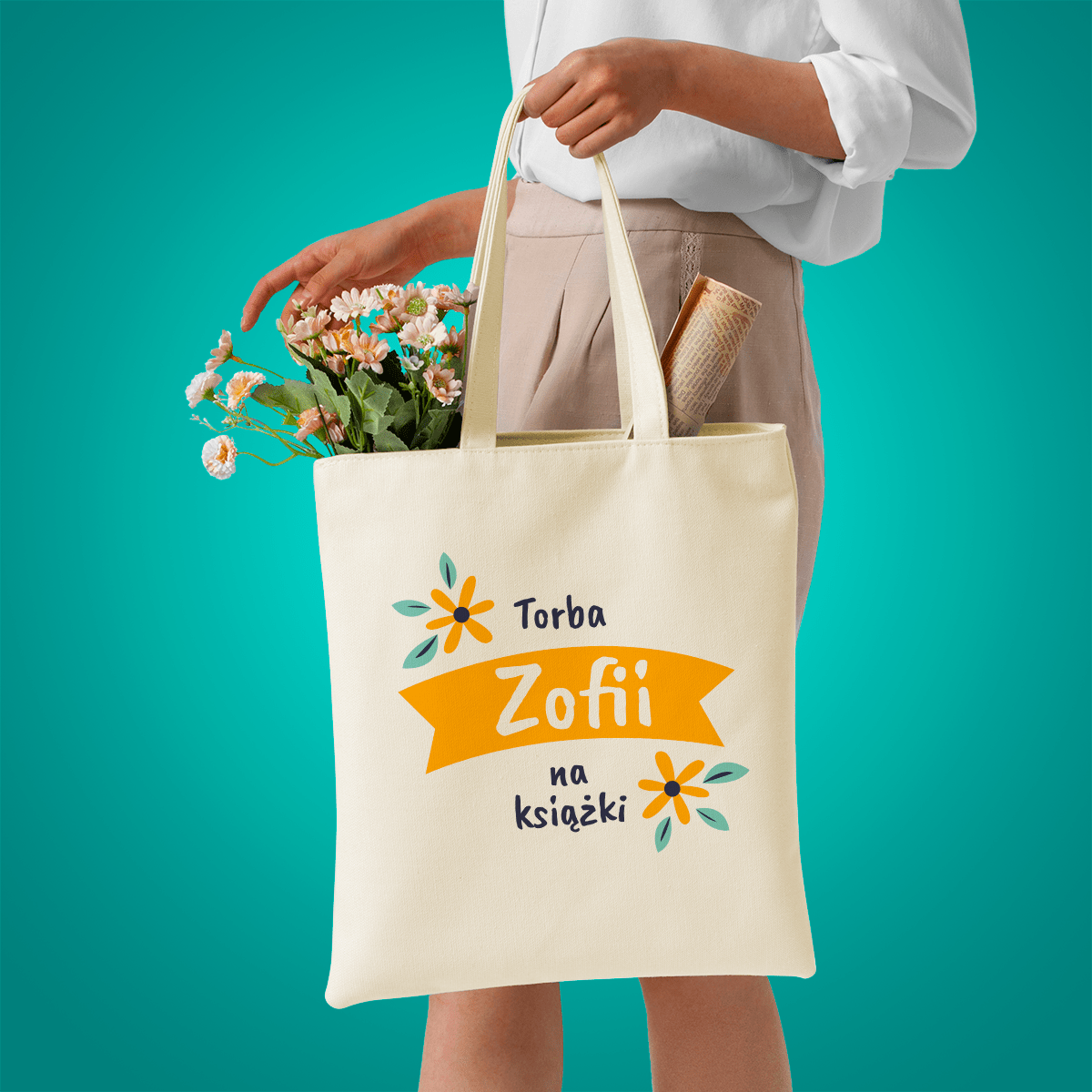 Materiałowa torba shopper z własnym nadrukiem NA KSIĄŻKI - spersonalizowany prezent dla niej - Adamell.pl
