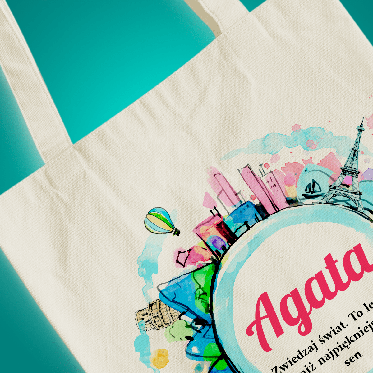 Materiałowa torba shopper z własnym nadrukiem ZWIEDZAJ ŚWIAT - spersonalizowany prezent dla kobiety - Adamell.pl