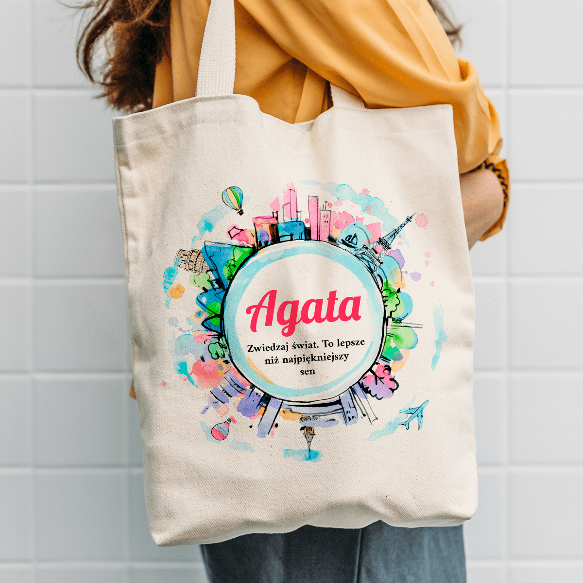 Materiałowa torba shopper z własnym nadrukiem ZWIEDZAJ ŚWIAT - spersonalizowany prezent dla kobiety - Adamell.pl