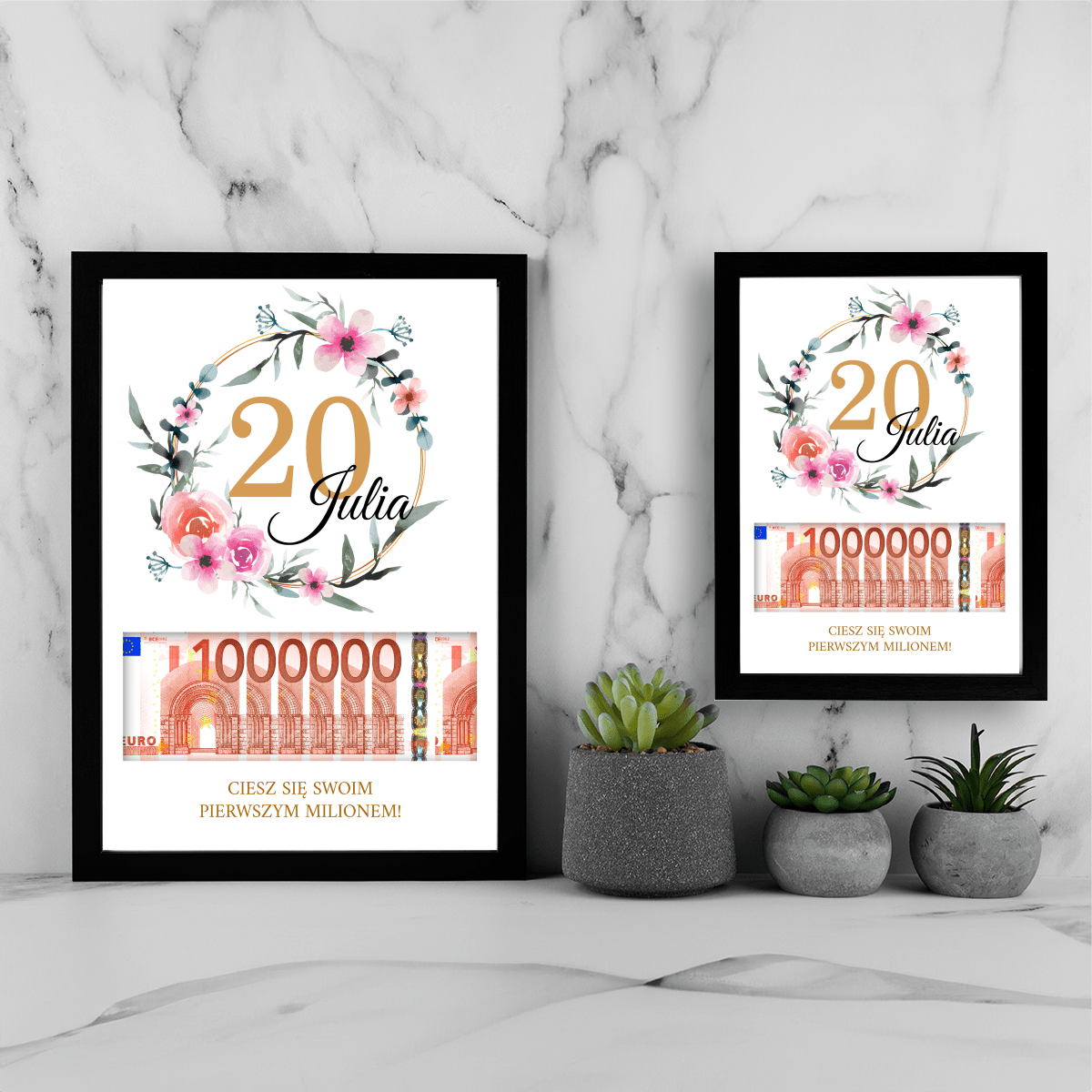 Milion na 20 urodziny - Ramka na pieniądze, spersonalizowany prezent dla niej - Adamell.pl