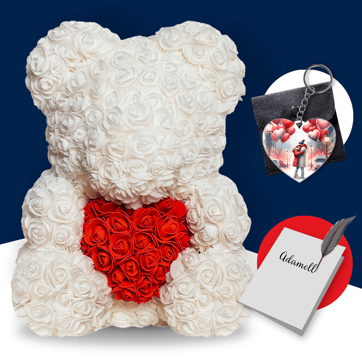 Miś z róż | Biały z sercem 40cm - Adamell.pl