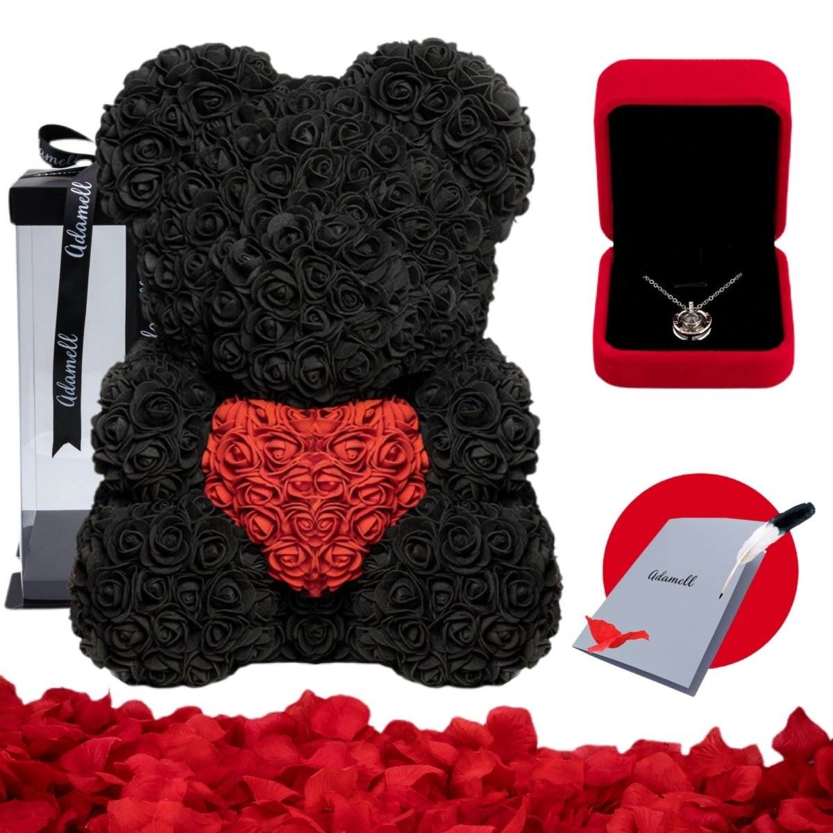 Miś z róż | Czarny z sercem 40cm, Wzruszający, Nietypowy, uniwersalny prezent dla rodziny, kuzynki, podziękowanie, psychologa, weterynarza, krawcowej - Adamell.pl