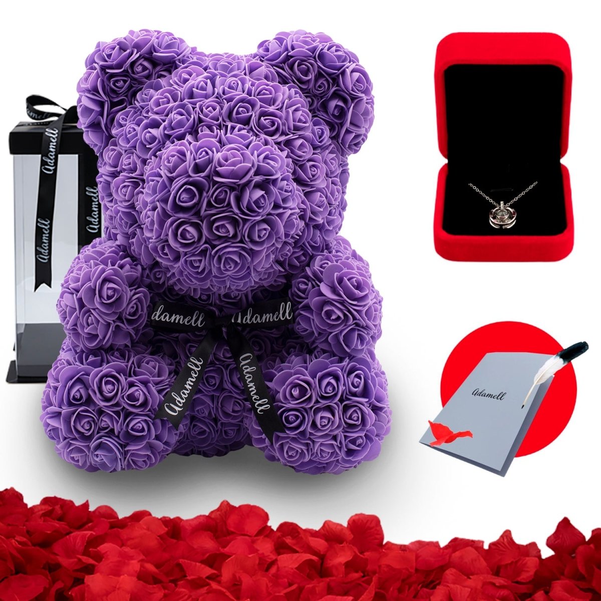 Miś z róż | Fioletowy ze wstążką 40cm ZESTAW, Wyjątkowy pomysł na prezent dla dziewczyny, przyjaciółki, kobiety, najlepsze na walentynki, na 18 urodziny - Adamell.pl