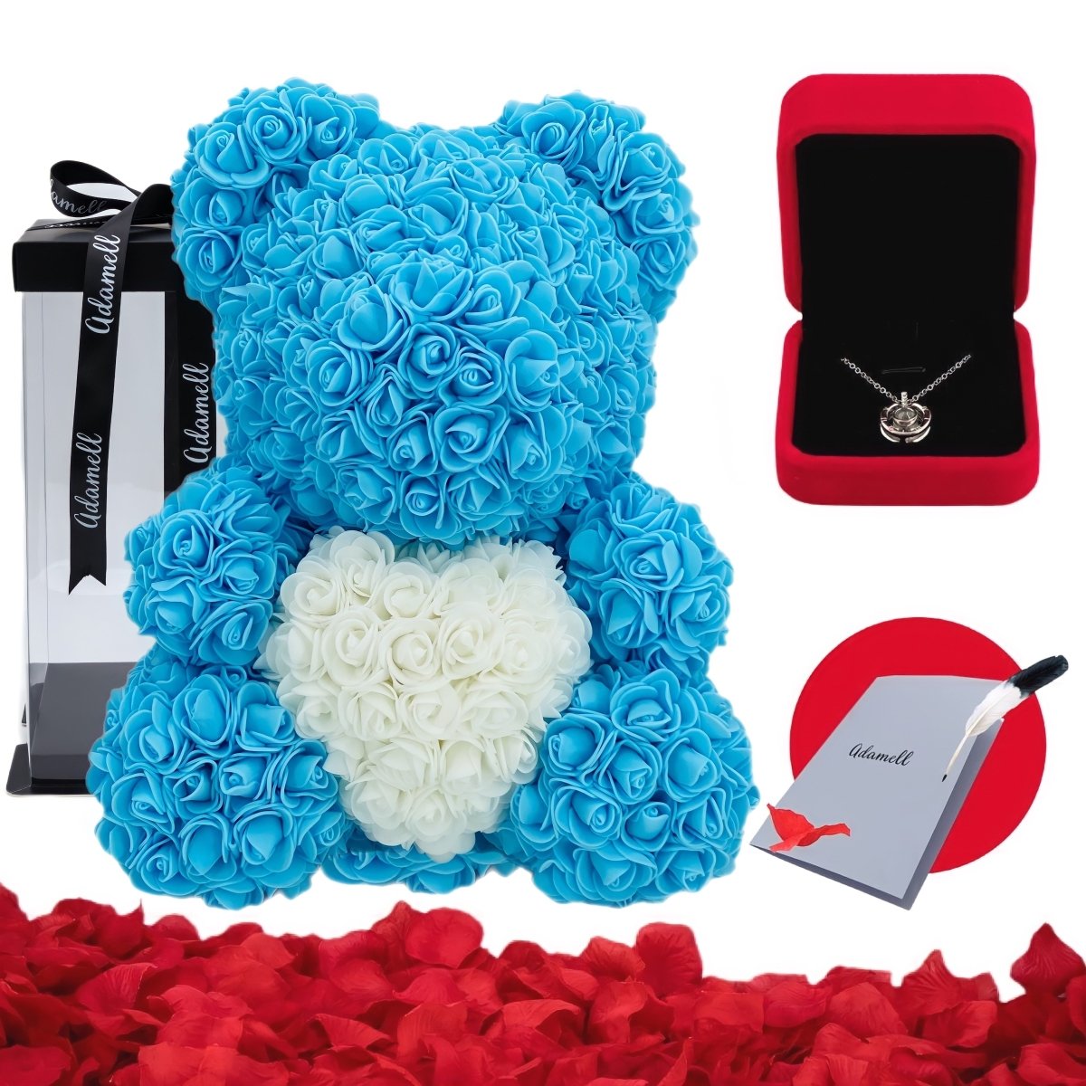 Miś z róż 40 cm | Niebieski z sercem, ZESTAW, Wyjatkowy pomysł na prezent dla dziewczyny, przyjaciółki, kobiety, najlepsze na walentynki, na 18 urodziny