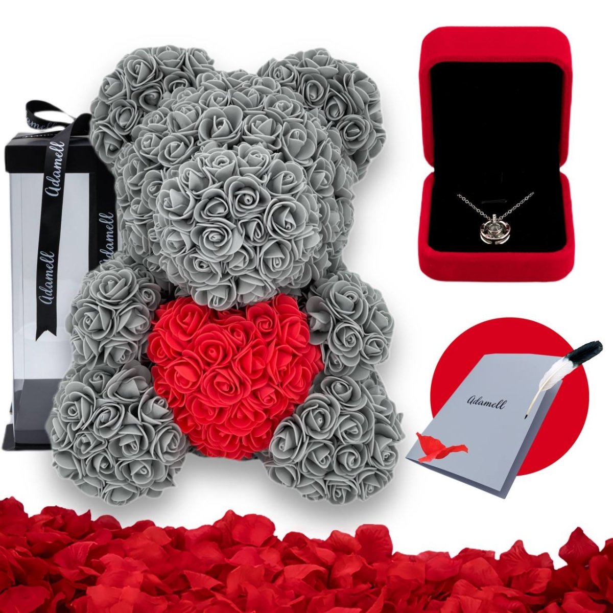 Miś z róż | Szary z sercem 40 cm, Wzruszający, Nietypowy, uniwersalny prezent dla rodziny, kuzynki, podziękowanie, psychologa, weterynarza, krawcowej - Adamell.pl