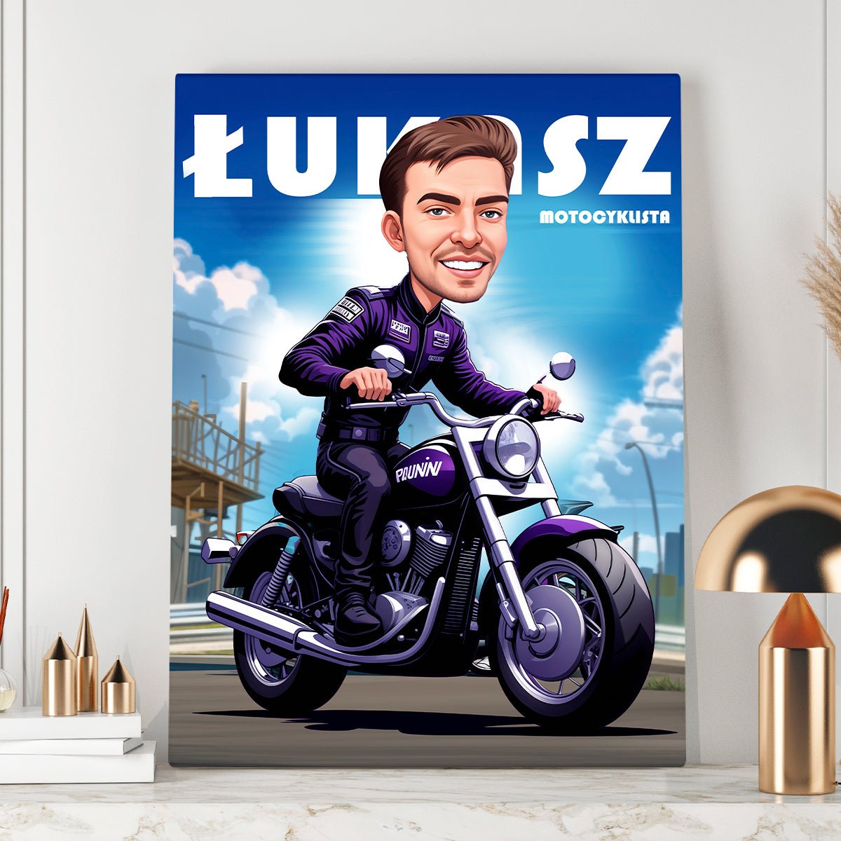 Motocyklista Ilustracja - druk na płótnie, spersonalizowany prezent dla motocyklisty - Adamell.pl