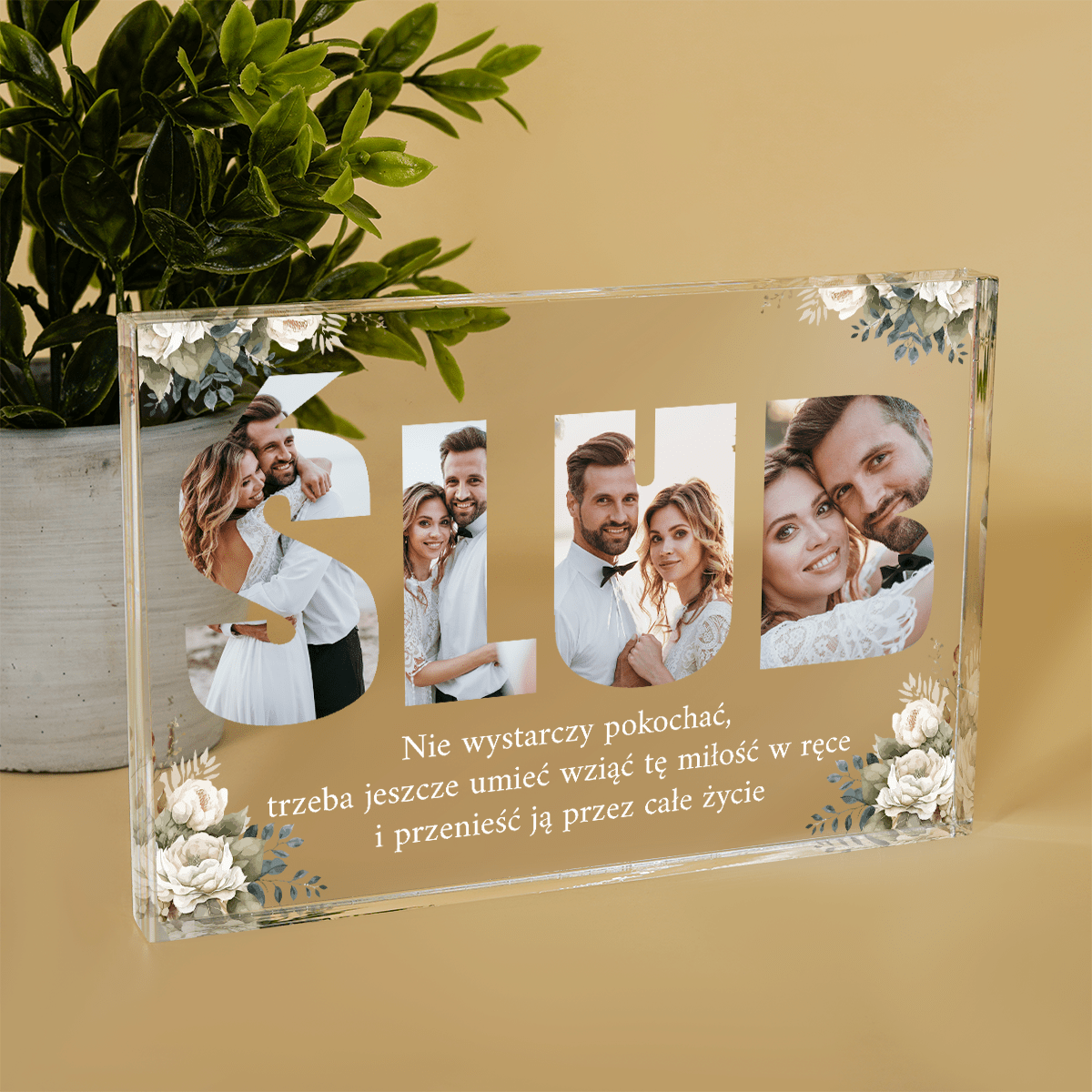 Napis ŚLUB kolaż - Druk na szkle, spersonalizowany prezent dla pary - Adamell.pl