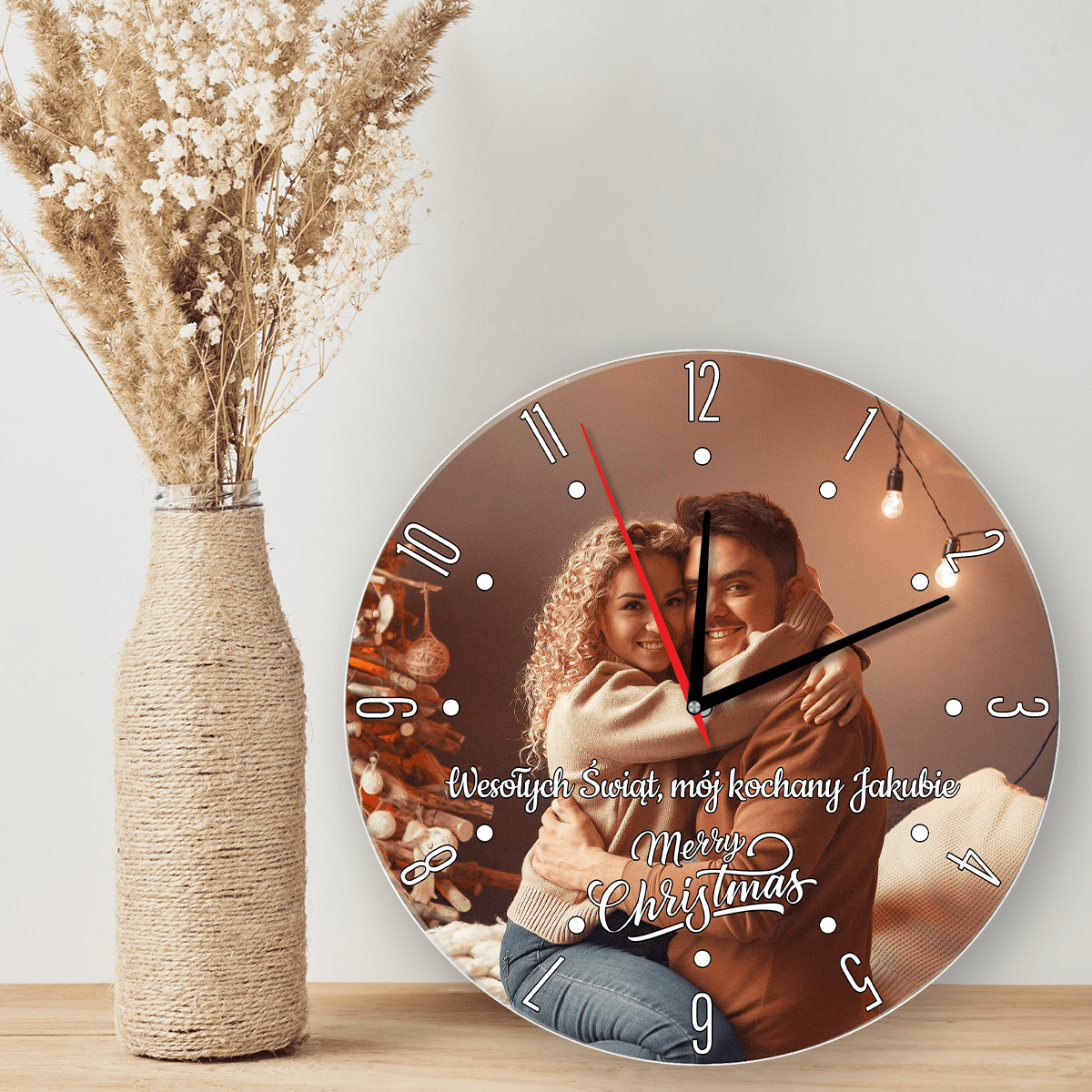 Napis + świąteczna fotografia - zegar ze zdjęciem, spersonalizowany prezent dla chłopaka - Adamell.pl