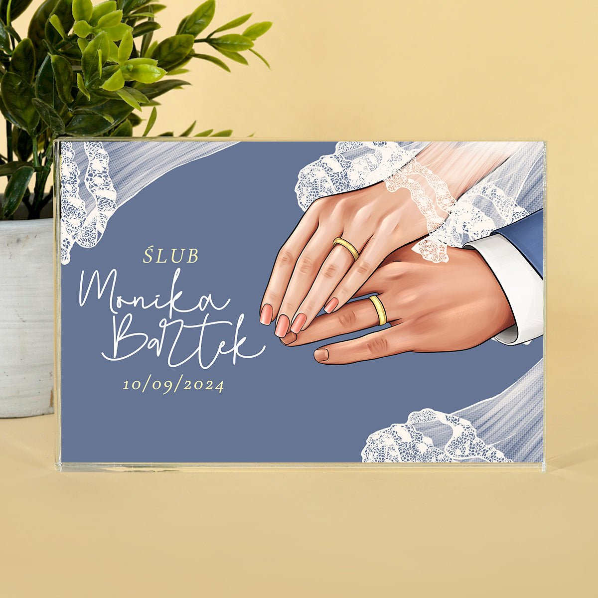 Pamiątka ślubna - dłonie z obrączkami - Druk na szkle, spersonalizowany prezent dla pary - Adamell.pl