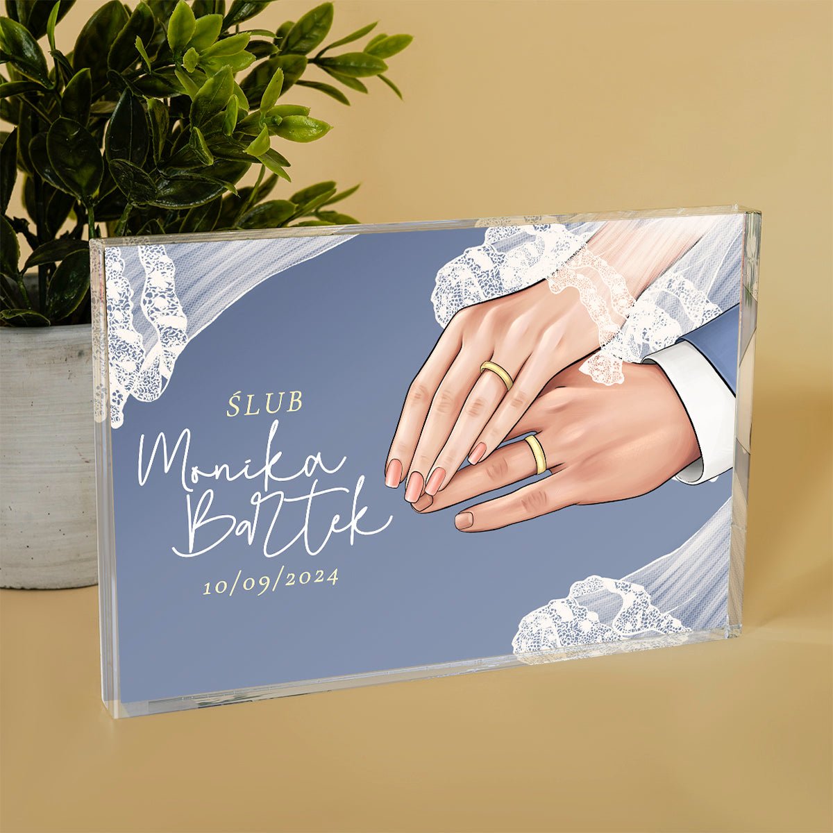 Pamiątka ślubna - dłonie z obrączkami - Druk na szkle, spersonalizowany prezent dla pary - Adamell.pl