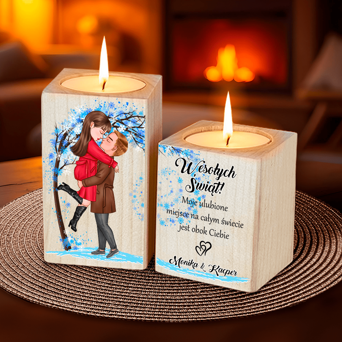 Para w Święta - 2 x Drewniany świecznik, spersonalizowany prezent dla dziewczyny - Adamell.pl