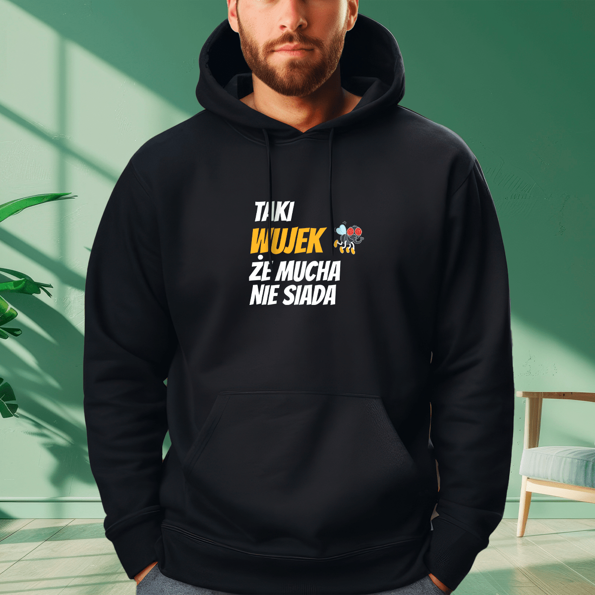 Personalizowana bluza męska z własnym nadrukiem MUCHA NIE SIADA - prezent dla wujka - Adamell.pl