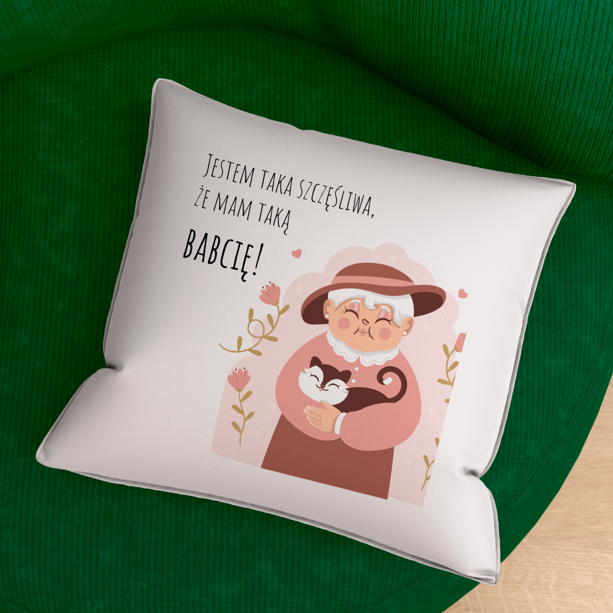 Poduszka z nadrukiem JESTEM TAKA SZCZĘŚLIWA - spersonalizowany prezent dla babci - Adamell.pl