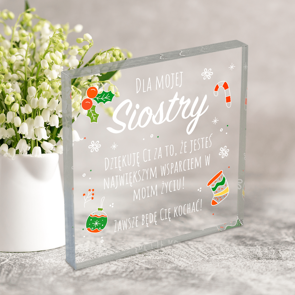 Podziękowania dla siostry - Druk na kwadratowym szkle, spersonalizowany prezent dla siostry - Adamell.pl