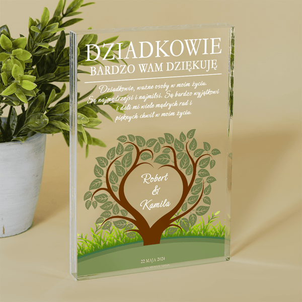 Podziękowanie z motywem drzewa - Druk na szkle, spersonalizowany prezent dla dziadków - Adamell.pl