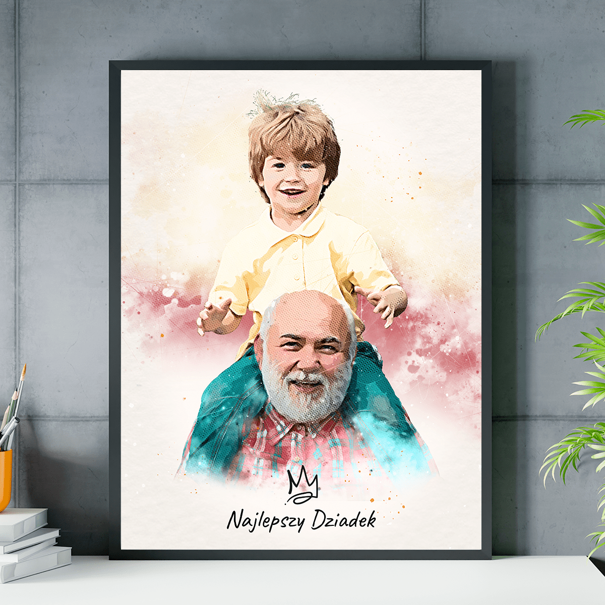 Portret dziadka w stylu akwareli - plakat, spersonalizowany prezent dla dziadka - Adamell.pl