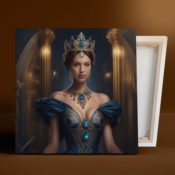 Portret królowej w niebieskiej sukni - druk na płótnie, spersonalizowany prezent dla niej - Adamell.pl