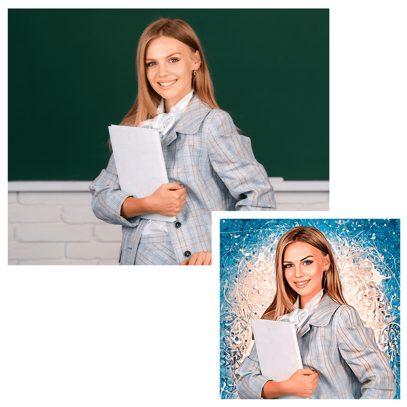 Portret nauczycielki z kolorowym tłem - druk na płótnie, spersonalizowany prezent dla nauczyciela - Adamell.pl