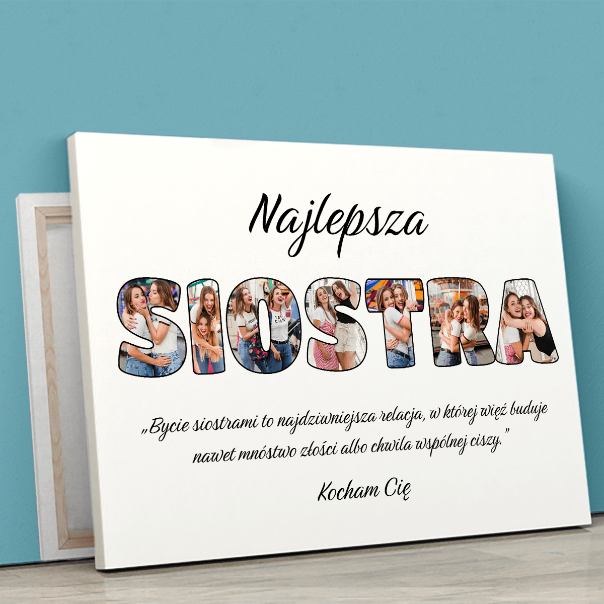 Słowo SIOSTRA kolaż - druk na płótnie, spersonalizowany prezent dla siostry - Adamell.pl