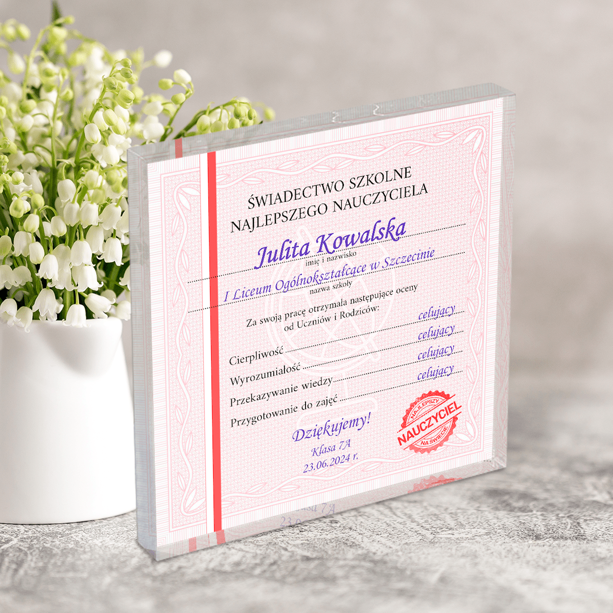 Świadectwo szkolne - Druk na kwadratowym szkle, spersonalizowany prezent dla nauczyciela - Adamell.pl