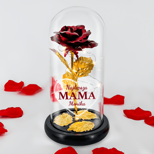 Świecąca róża wieczna w szkle + spersonalizowane serce MOJA MAMA - Adamell.pl