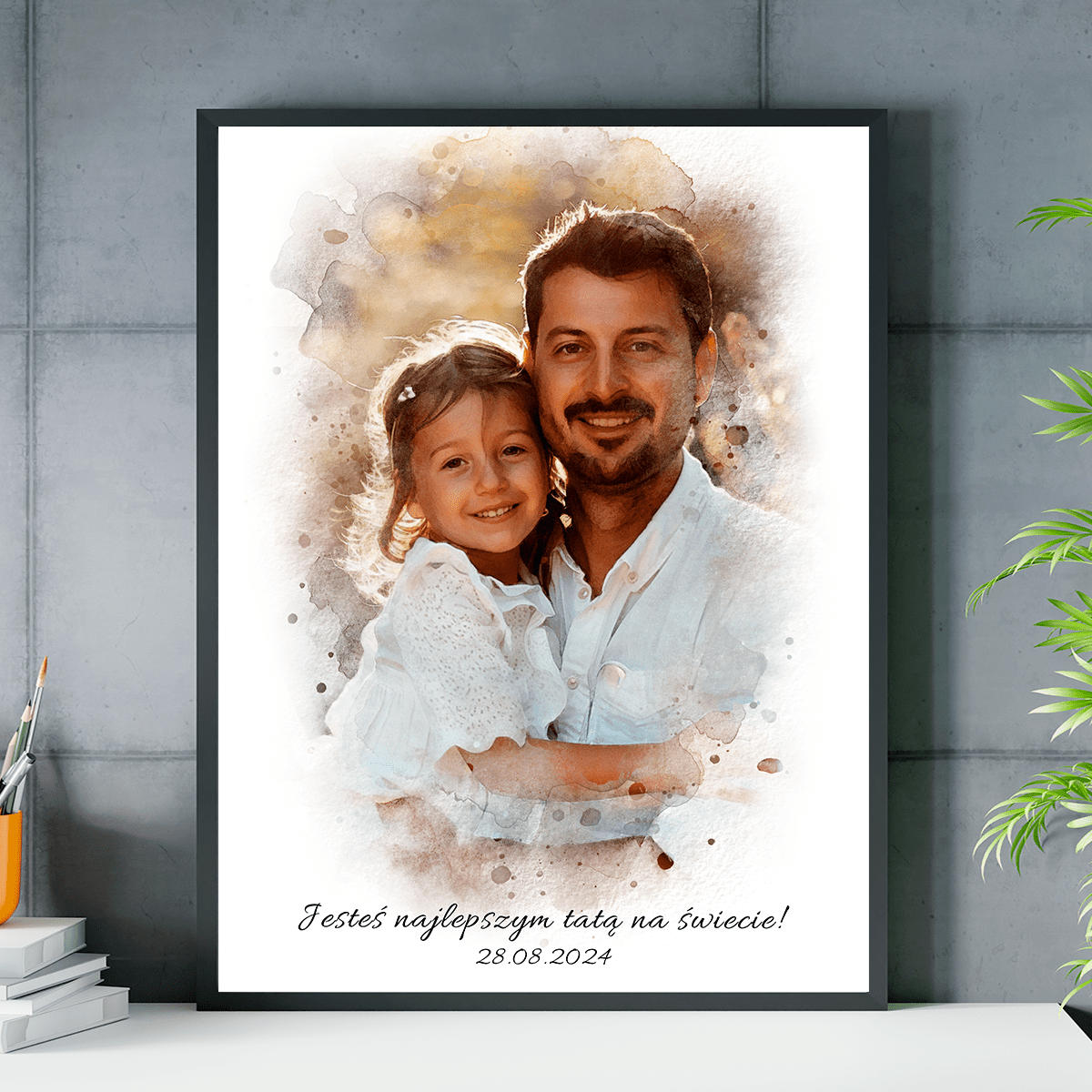 Tata i dziecko portret watercolour - plakat, spersonalizowany prezent dla taty - Adamell.pl