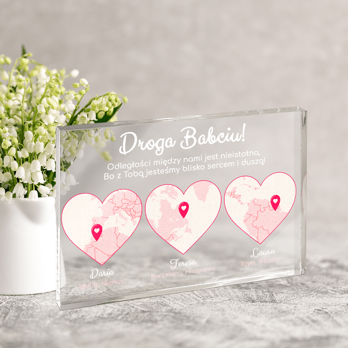 Trzy serca dla babci - Druk na szkle, spersonalizowany prezent dla babci - Adamell.pl