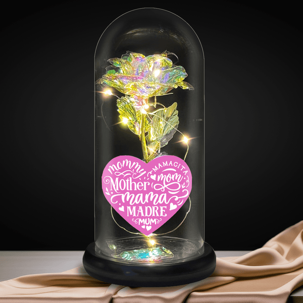 Wieczna róża kryształowa LED w szkle + spersonalizowane serce SŁOWO MAMA - Adamell.pl