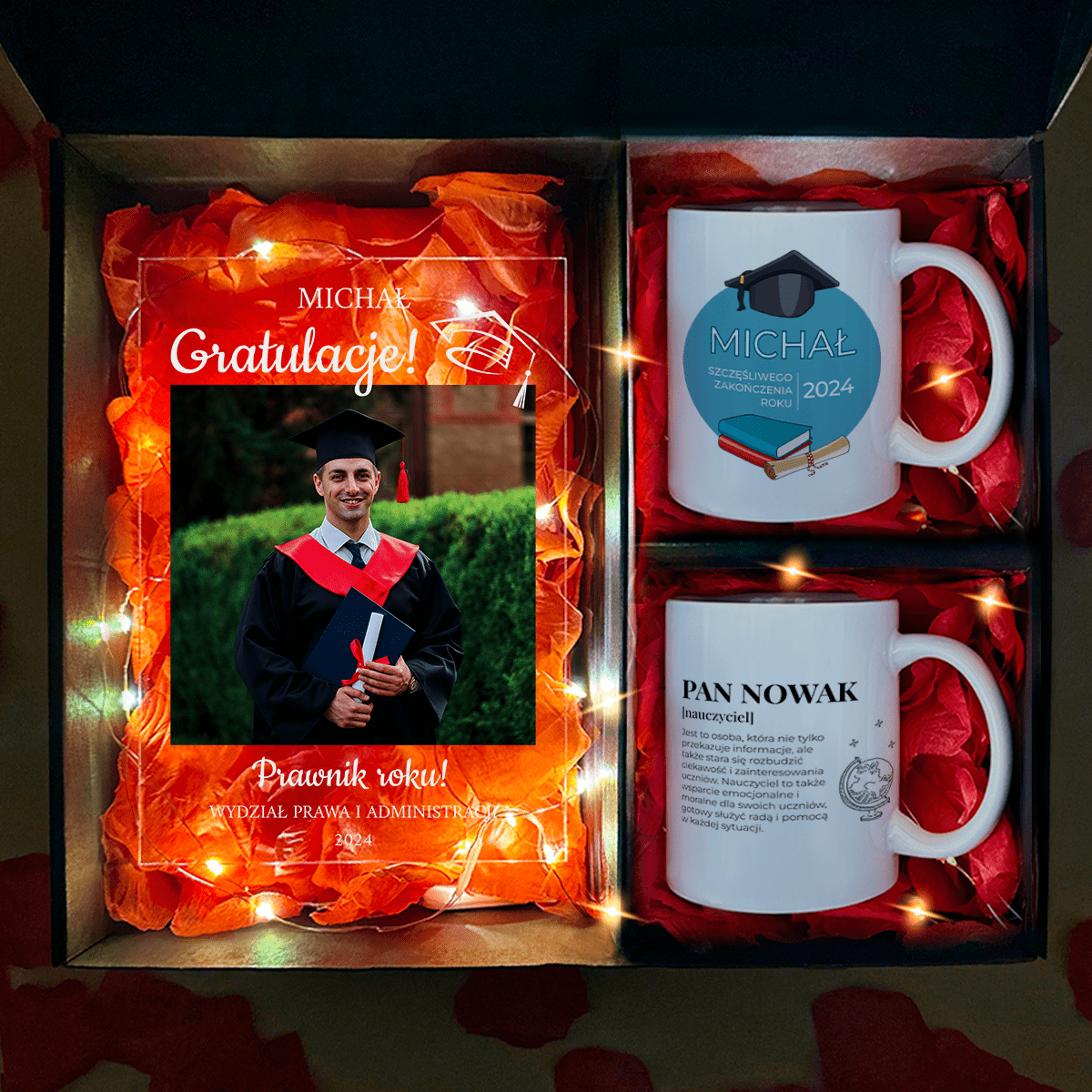 Wydruk na szkle + 2 kubki GRATULACJE - zestaw prezentowy 2 w 1, spersonalizowany prezent dla absolwenta - Adamell.pl