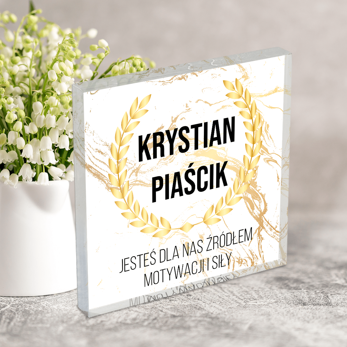 Źródło motywacji - Druk na kwadratowym szkle, spersonalizowany prezent dla szefa - Adamell.pl