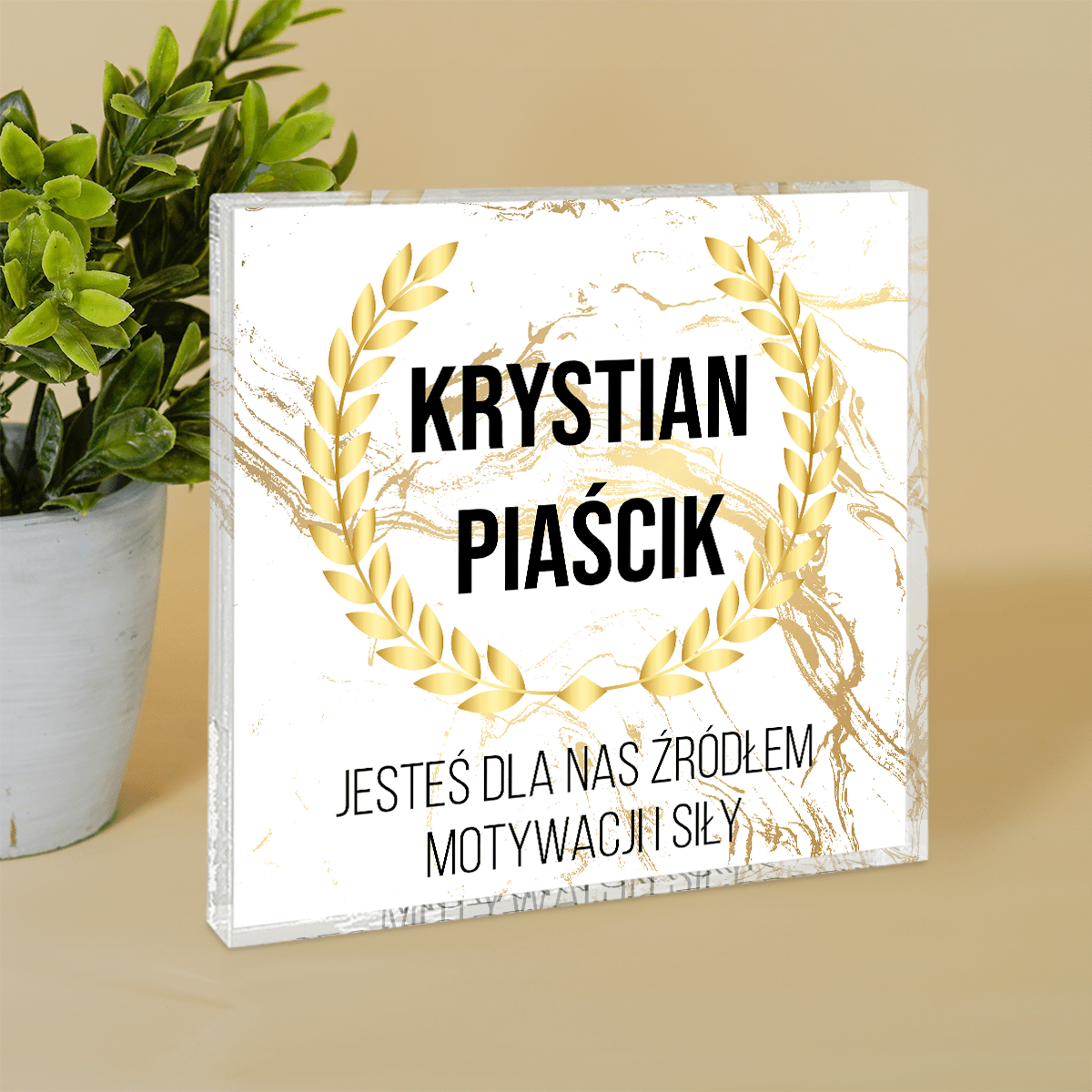 Źródło motywacji - Druk na kwadratowym szkle, spersonalizowany prezent dla szefa - Adamell.pl