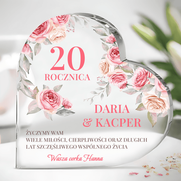 Życzenia na 20. rocznicę - Szklane serce, spersonalizowany prezent dla pary - Adamell.pl