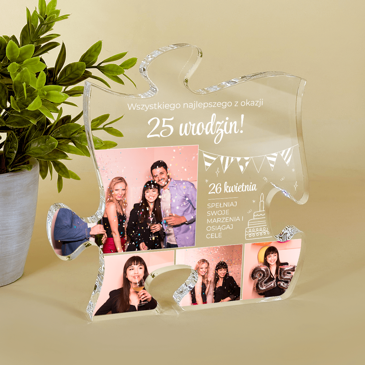 Życzenia na 25. urodziny + data - Druk na szkle - puzzel, spersonalizowany prezent na urodziny - Adamell.pl