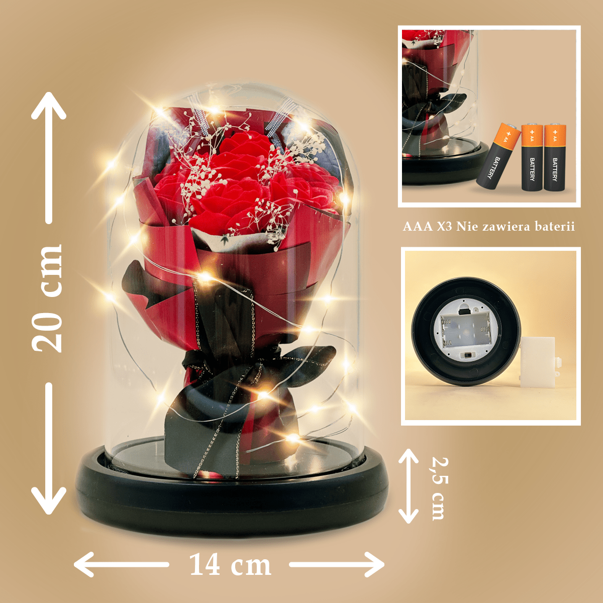 Bukiet czerwonych róż wiecznych w szkle + LED - Adamell.pl