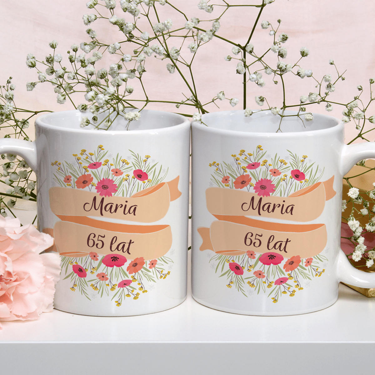 Bukiet kwiatów 65. urodziny - 1x Kubek z nadrukiem, spersonalizowany prezent - Adamell.pl