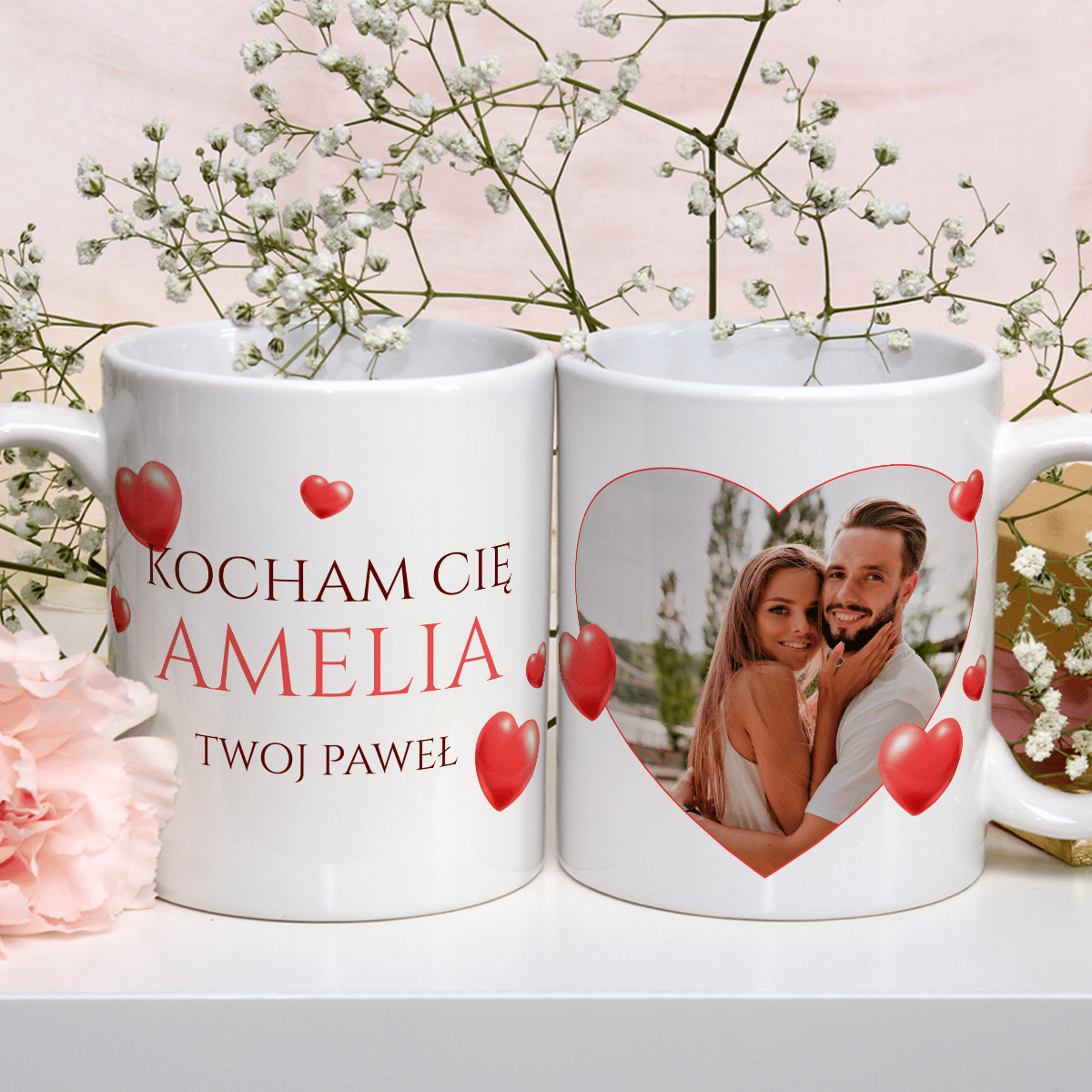 Czerwone serca i zdjęcie - 1x Kubek z nadrukiem, spersonalizowany prezent dla niej - Adamell.pl