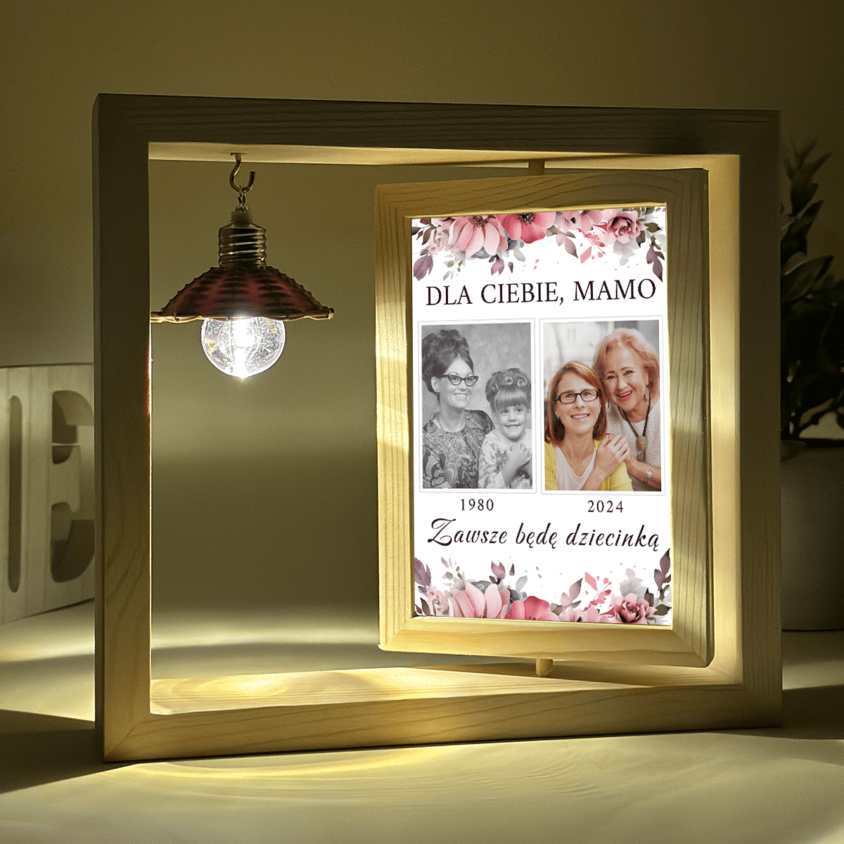 Dla Ciebie mamo - Druk na szkle w drewnianej ramce + led, spersonalizowany prezent dla mamy - Adamell.pl